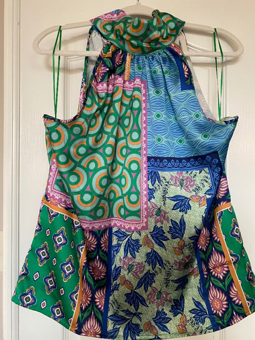 RACHEL ZOE Green Multi Satin Halter Top with Bow Size XL - NWOT